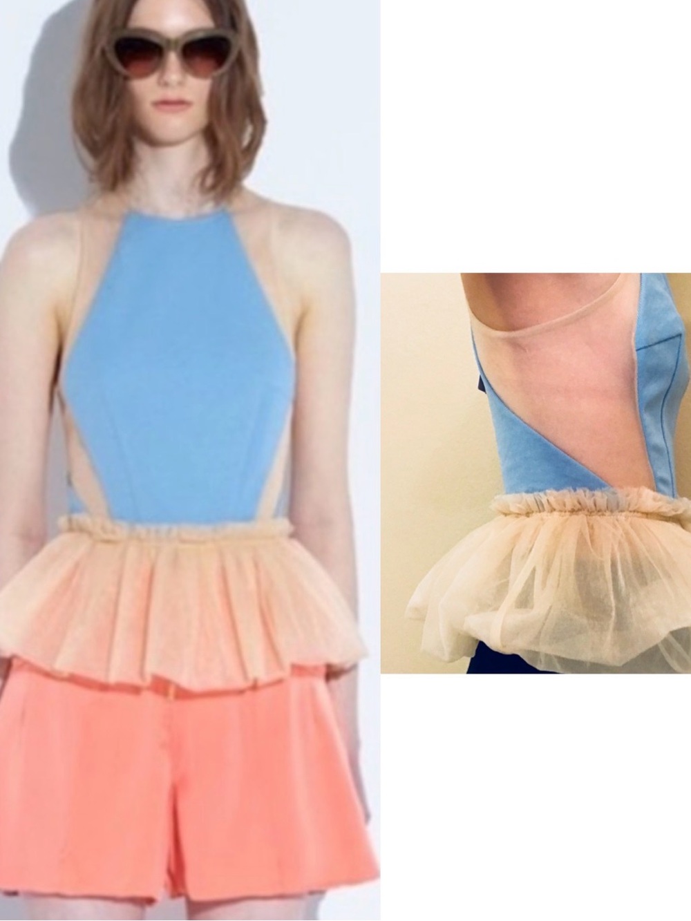 THREE FLOOR Blue and Cream Illusion Peplum Top size small